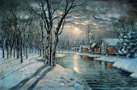 Oil Painting Snowy Night Landscape With Moon Village River Canvas In