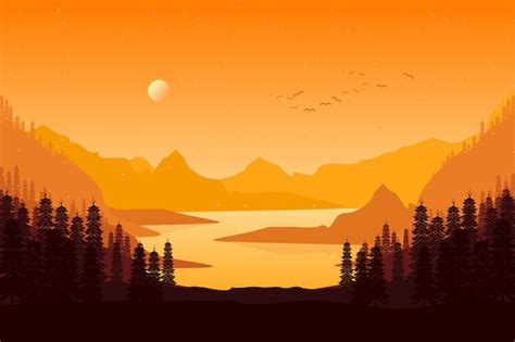 Premium Vector Pine Forest Landscape In Evening Sunset With Mountain
