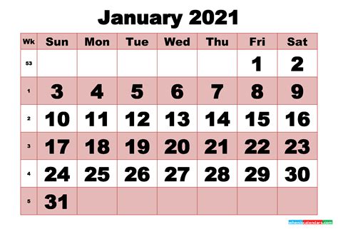 Extraordinary free printable calendars 2020 blanks word • printable blank calendar template. Free Printable Monthly Calendar January 2021 | Free ...