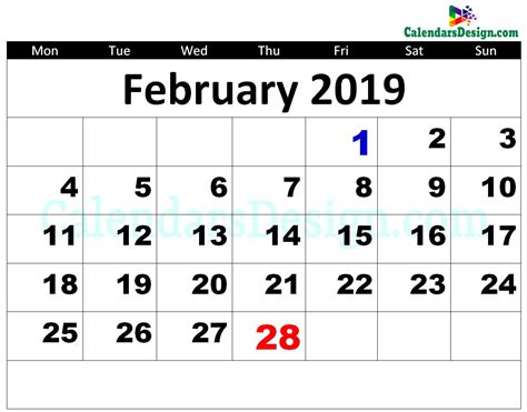 2019 February Calendar Printable Template Calendar Template