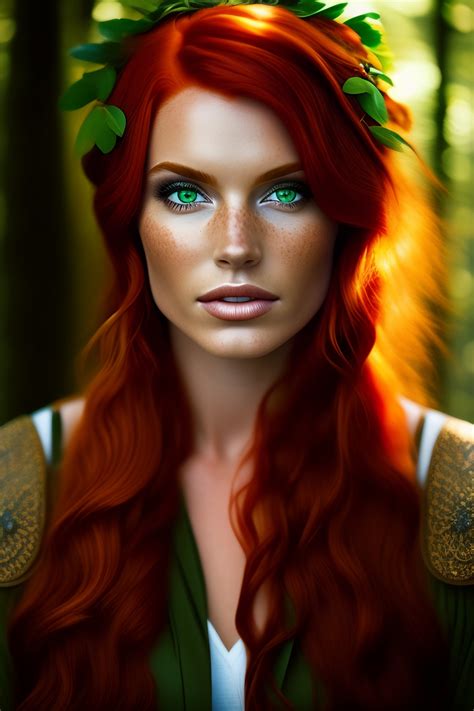 Lexica Brunette Wild Red Hair Green Eyes Freckles Forest Woman