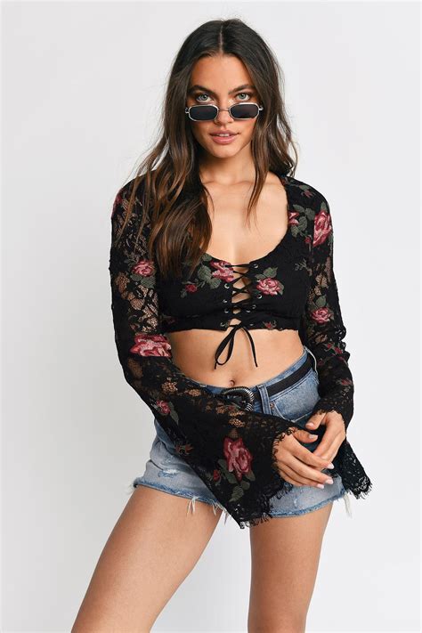 Tobi Crop Tops Womens Forever Black Lace Embroidered Crop Top Black