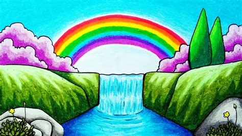 How To Draw Rainbow Over Waterfall Scenery Step By Step Easy Rainbow