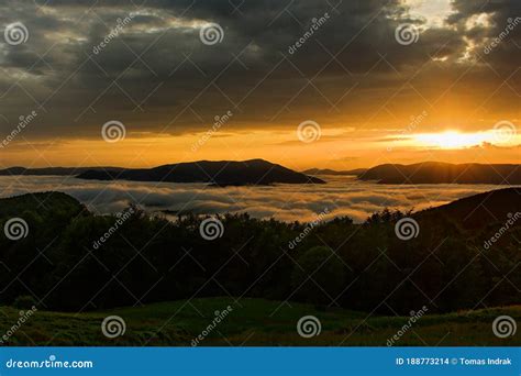 Beautiful Golden Sunrise In Ukrainian Mountains With Sun Rays