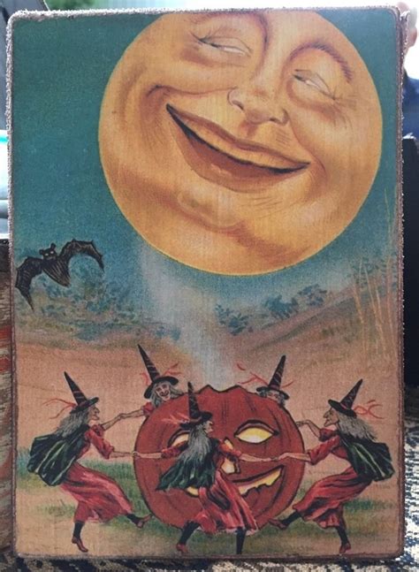 Antique Reproduction Fall Halloween Witches Laughing Moon Print On