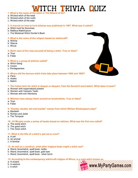 Free Printable Witch Trivia Quiz For Halloween Halloween Quiz Trivia
