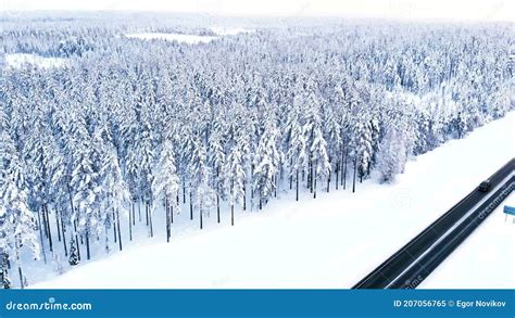 Frozen Forest At Winter Aerial View Flight Above Winter Forest With