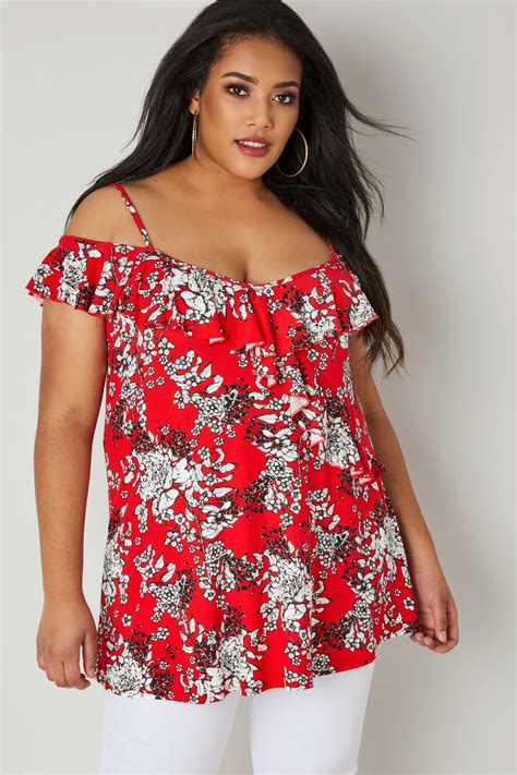 Red Floral Print Frilled Cold Shoulder Top Plus Size 16 To 36