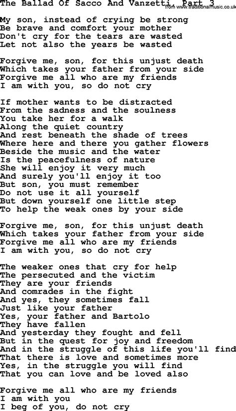 Joan Baez song - The Ballad Of Sacco And Vanzetti, Part 3, lyrics