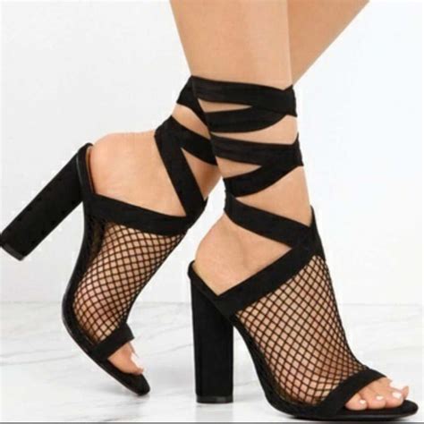 Mesh Block Heel Sandals Heels Chunky Heels Sandals Lace Up High Heels