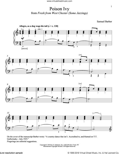 Samuel Barber Poison Ivy Sheet Music For Piano Solo Pdf