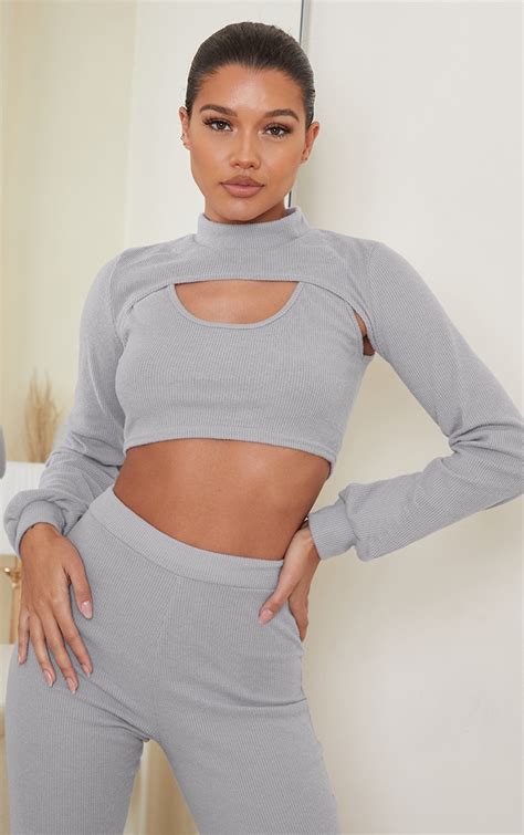 Grey Soft Brushed Rib High Neck Extreme Crop Jumper Prettylittlething Aus