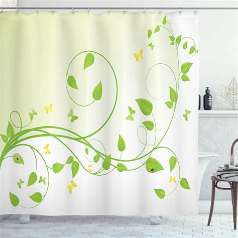 Vine Shower Curtain Flourishing Sapling Pattern With Butterflies And