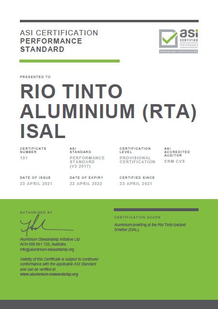 Asi Certifies Rio Tinto Iceland Smelter Against Asi Performance