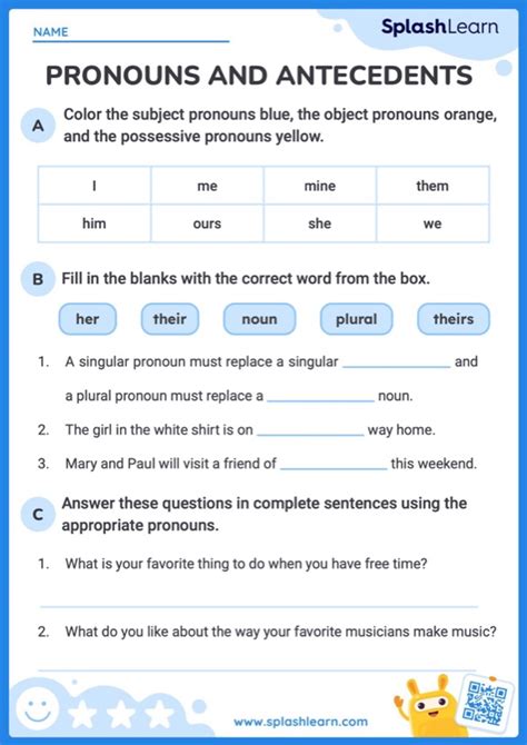 Printable 5th Grade Nouns And Pronouns Worksheets Splashlearn