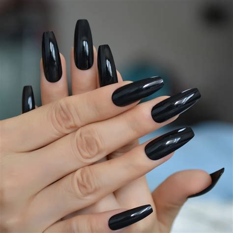 Classic Extra Long Coffin Nails Pure Black Elegant Shiny Ballet Fake Nails Artificial Acrylic