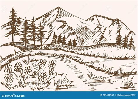 Mountain Sketch Vector Mountains And Forest Trees Against The