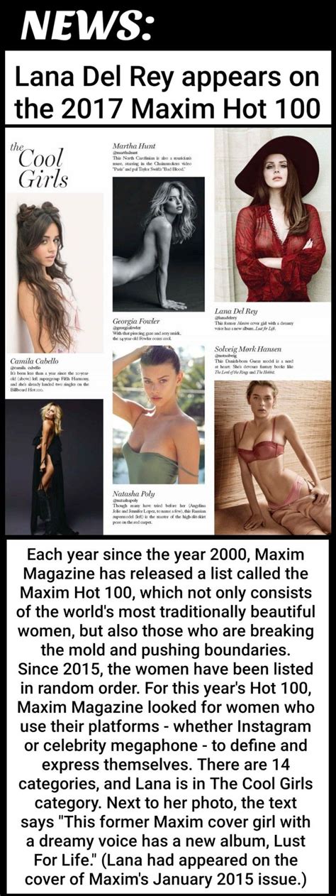 Lana Del Rey Appears On Maxim Magazines Hot 100 List Ldr News Lana
