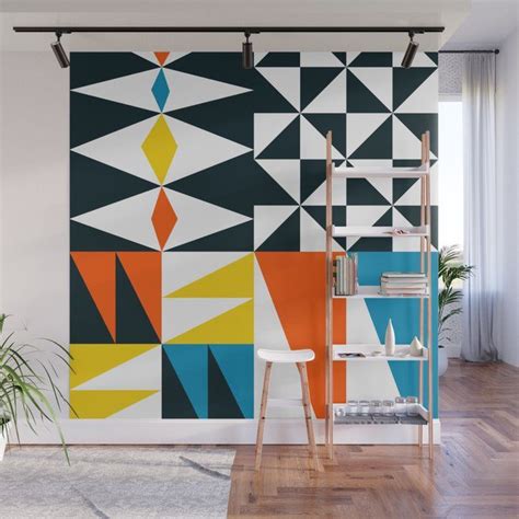 Colorful Mid Century Wall Mural With Geometric Bold Contrasting