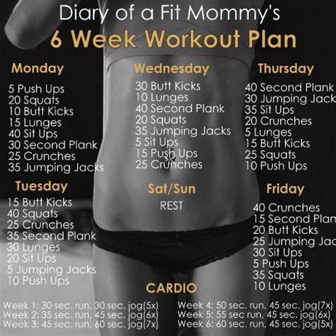This gruelling workout routine has you in the gym 6 days per week with 1 rest day in between. Diary of a Fit Mommy6 Week No-Gym Home Workout Plan ...