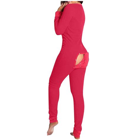 Buy Womens Onesie With Butt Flap Pajamas Set Long Sleeve Sleepwear Womens Button Down Nightwear