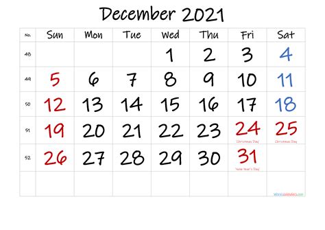 December 2021 Printable Calendar With Holidays