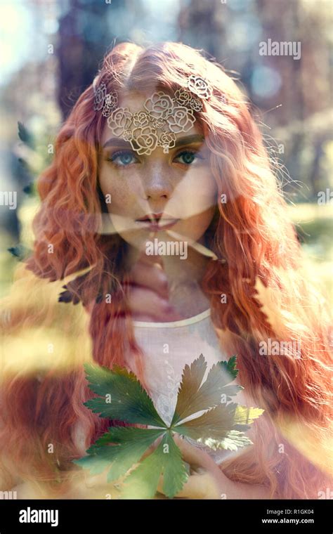 Fabulous Portrait Of A Red Haired Girl In Nature With Double Exposure