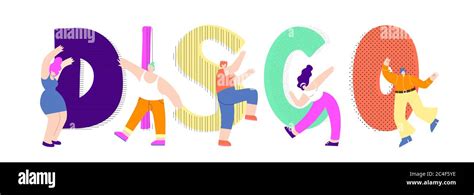 Cartoon Man Woman Characters Dancing Clubbing Big Disco Letters Vector