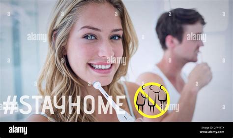 Illustration Of Social Distancing Sign And Stay Home Text Over Smiling Woman Brushing Teeth