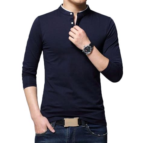 cotton long sleeve t shirts men solid color stand collar full sleeve tshirt men fashion spring