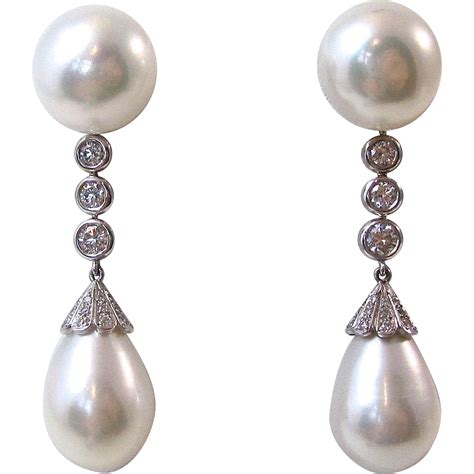 Magnificent Cultured Pearl And Diamond Vintage Wedding Earrings Pearl