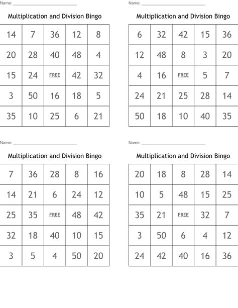 Multiplication And Division Bingo Wordmint