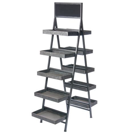 Galvanized Metal Finish 5 Tier Folding Step Ladder Tray Display With