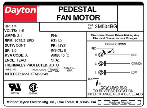 Dayton Pedestal Fan Motor 14 Hp 1075 Nameplate Rpm 115v Ac 48yz