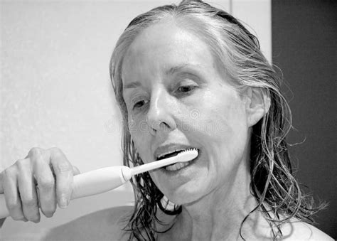 Mature Female Beauty Brushing Her Teeth Stock Image Image Of Cleaning Female 132690309