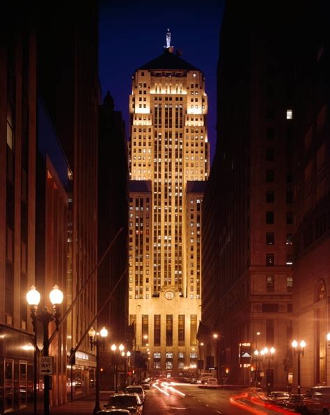 Buildings Lit Up At Night Chicago Board Of Trade Building Lasalle