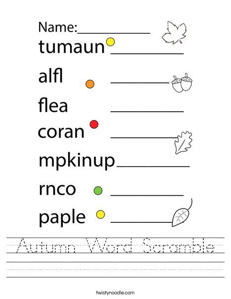 Autumn Word Scramble Worksheet Twisty Noodle