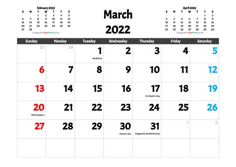 Free Printable March 2022 Calendar With Holidays 2022 Calendar Printable