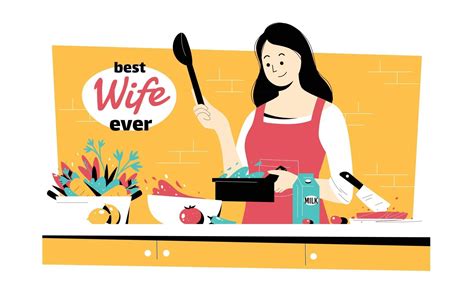 Happy Beautiful Wife Cooking In The Kitchen 2652458 Vector Art At Vecteezy