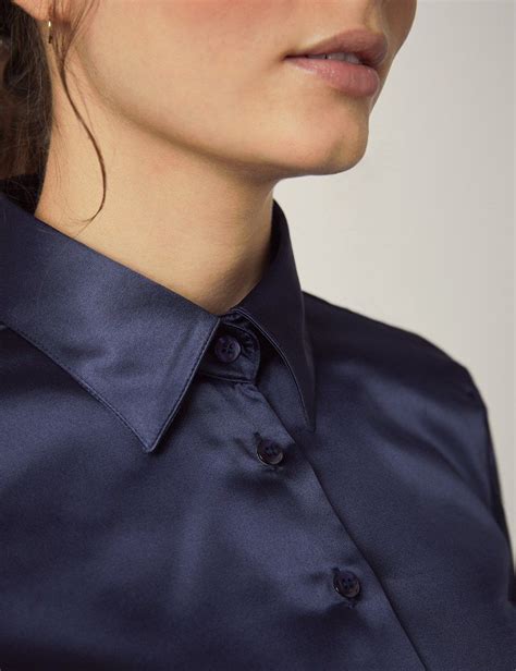 Womens Navy Fitted Satin Shirt Double Cuff Satin Shirt Cream