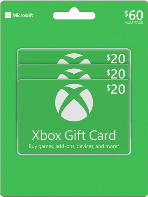 Check spelling or type a new query. Microsoft $20 Xbox Gift Card (3-Pack) MICROSOFT XBOX MP $60 (3 X $20 - Best Buy