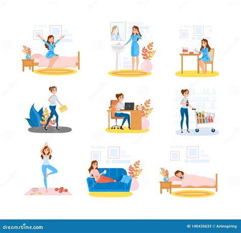 Woman Daily Routine Set Female Character Doing Stock Vector