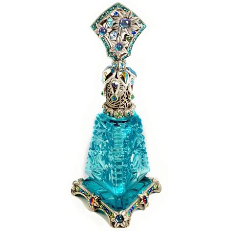 Art Deco Aqua Blue Vintage Perfume Bottle Jeweled Sunflower Top And Base Sweet Romance
