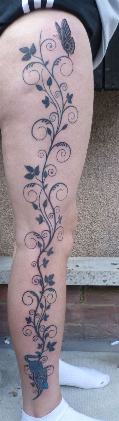 Vine On Right Leg With Butterfly And Tiger With Orange Eyes Flower