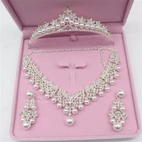 luxurious pearl wedding bridal jewelry sets tiara crowns necklace earrings for women decorations