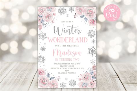 Editable Winter Wonderland Birthday Invitation Pink And Silver Winter