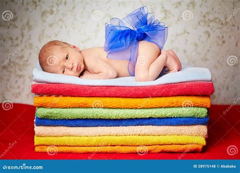 Cute Newborn Baby Lying On Colorful Towels Stock Photo Image Of Girl Eyes