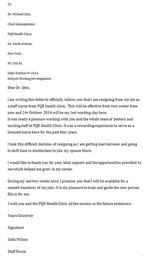 Example Nurse Resignation Letter