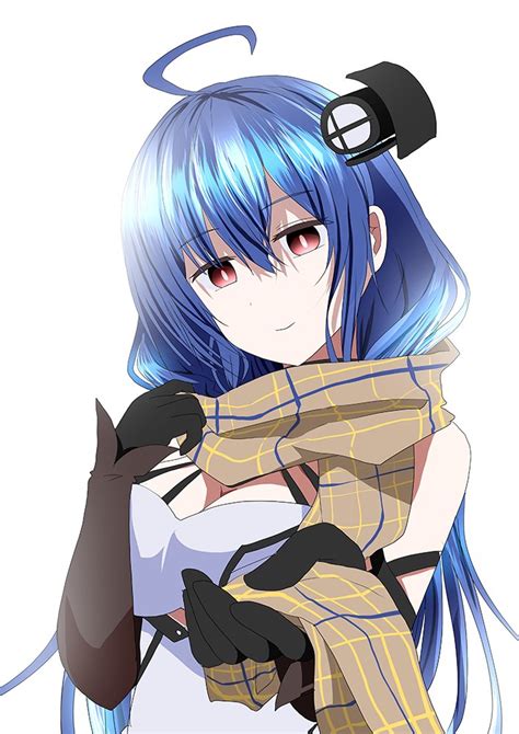 1girl Blue Hair Breasts Solo Gloves Long Hair Red Eyes Illustration Images