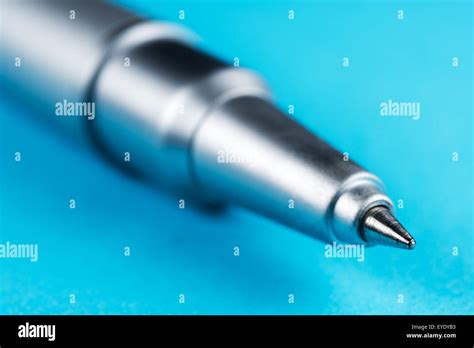 Ballpoint Pen Close Up View On Blue Background Stock Photo Alamy